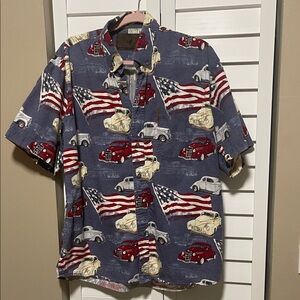 Patriotic Classic Car Short-Sleeve Button-Down Shirt - Blue